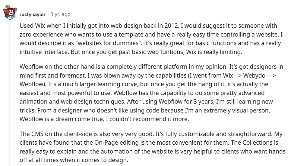 Webflow هو أفضل منشئ مواقع الويب للمصممين وفقًا لـ reddit.