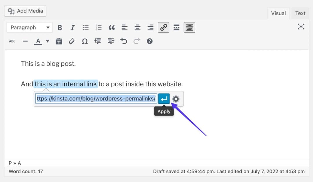 выделенный текст в WordPress, затем нажмите синюю кнопку «Применить», чтобы добавить ссылку