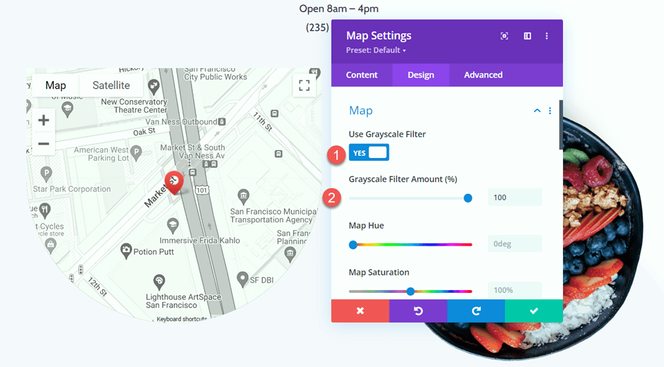 Divi 스크롤 효과 레이아웃 2 그레이스케일이 있는 스크롤 시 지도 확대