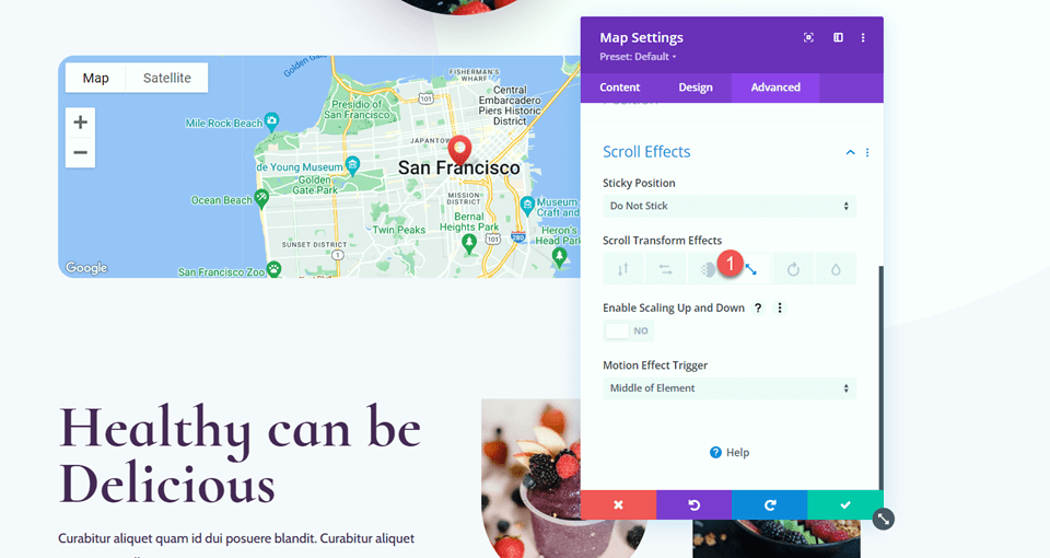 Divi Powiększ mapę przy przewijaniu z efektami przewijania Efekty przewijania