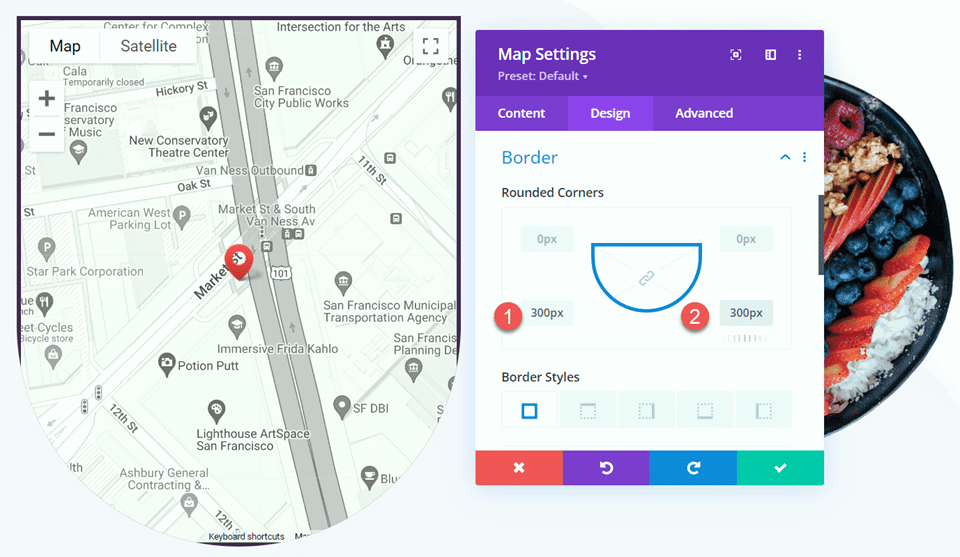 Divi ampliar mapa en desplazamiento con diseño de efectos de desplazamiento 2 esquinas redondeadas de borde