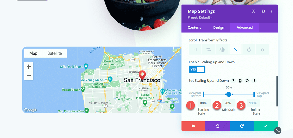 Divi スクロール効果のスケーリングを使用してスクロール上の地図を拡大する