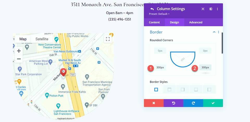 Divi スクロール効果でスクロール上の地図を拡大 レイアウト 2 角丸