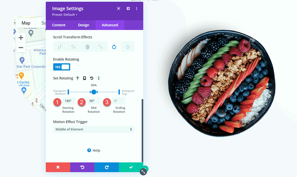 Divi ขยายแผนที่บนการเลื่อนด้วยเค้าโครงเอฟเฟกต์การเลื่อน 2 ตั้งค่าการหมุน