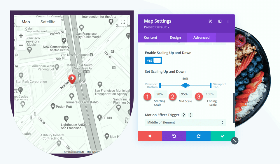 Divi ampliar mapa en desplazamiento con diseño de efectos de desplazamiento 2 escala