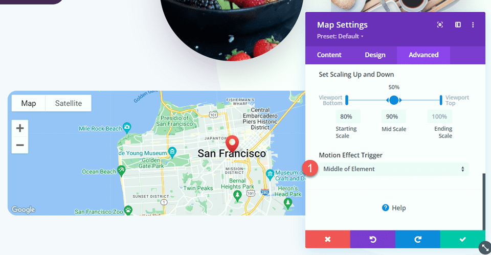 Divi Powiększ mapę przy przewijaniu z efektem przewijania Wyzwalacz efektu