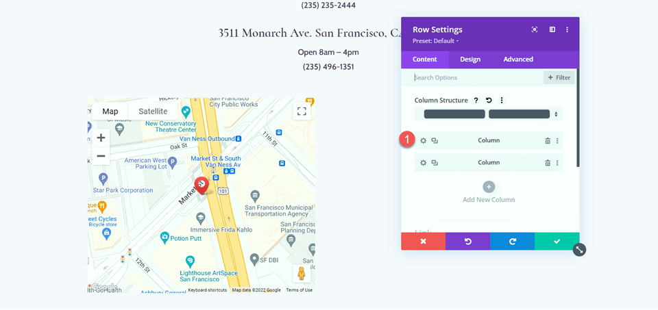 Divi Ampliar mapa en desplazamiento con diseño de efectos de desplazamiento Configuración de 2 columnas