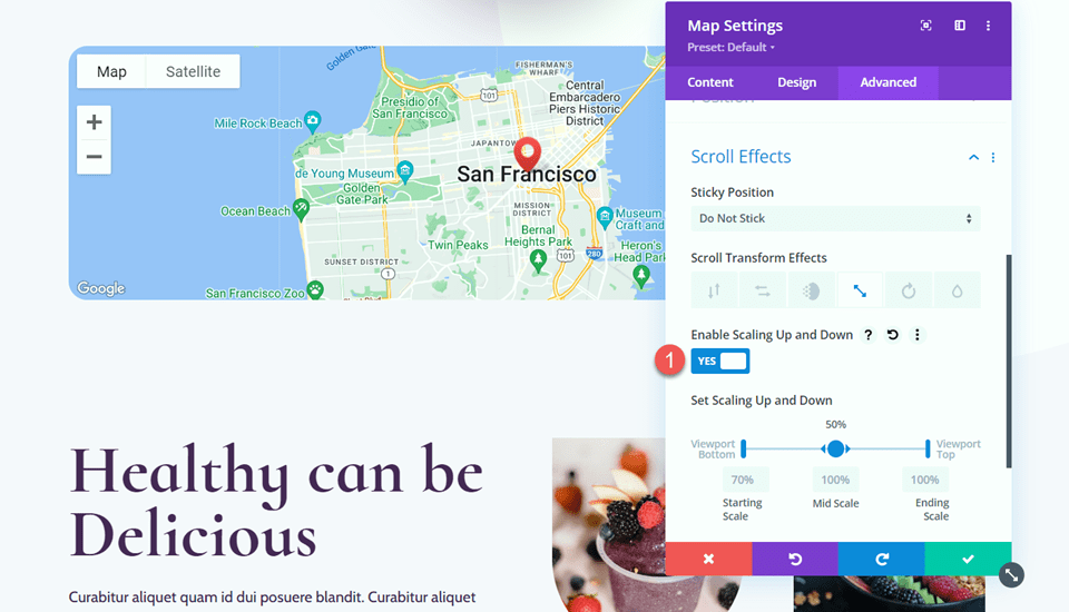 Divi는 스크롤 효과가 있는 스크롤에서 지도를 확대하여 스케일링을 활성화합니다.