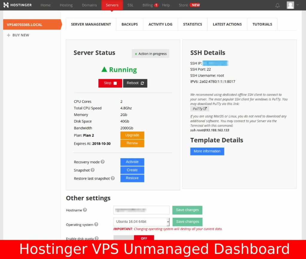 Hostinger Панель управления неуправляемым VPS