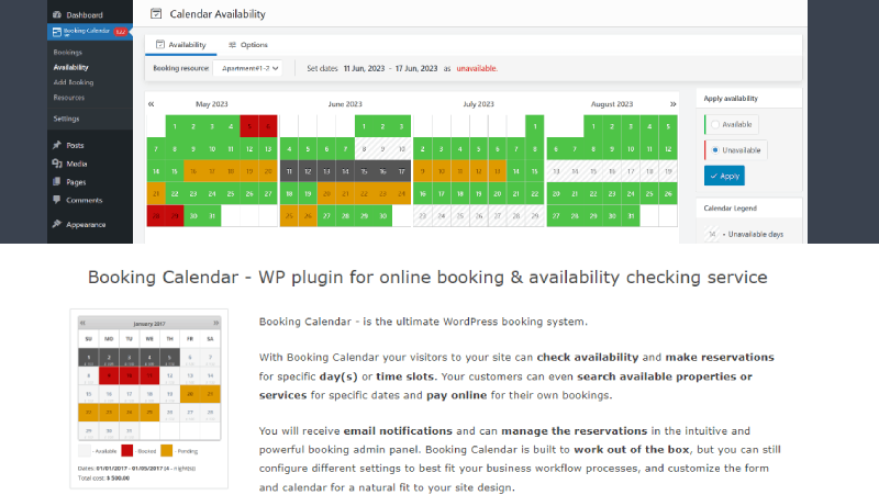 captura de tela do plug-in wordpress do calendário de reservas