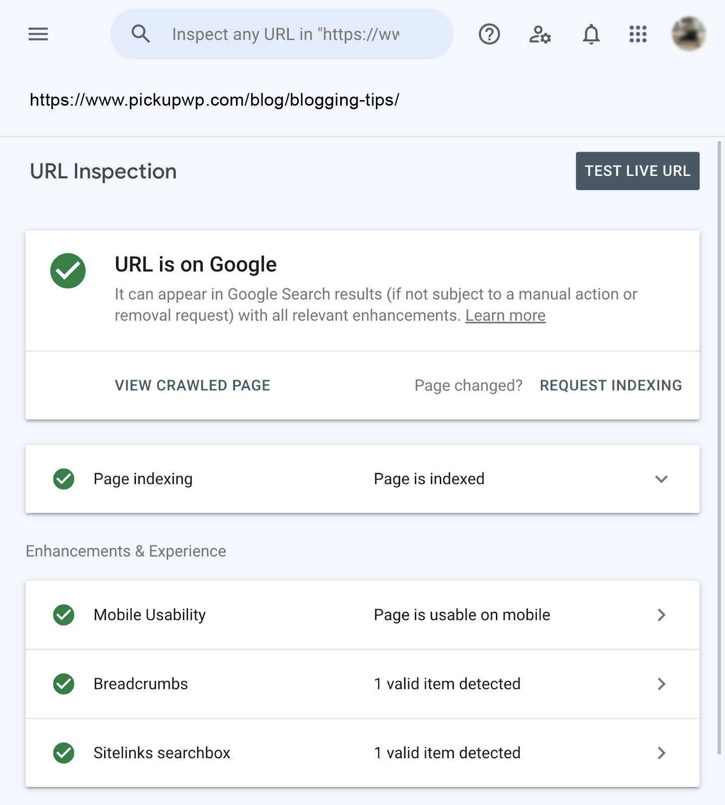 Inspecter l'URL de la page à l'aide de l'inspection d'URL de la console de recherche Google