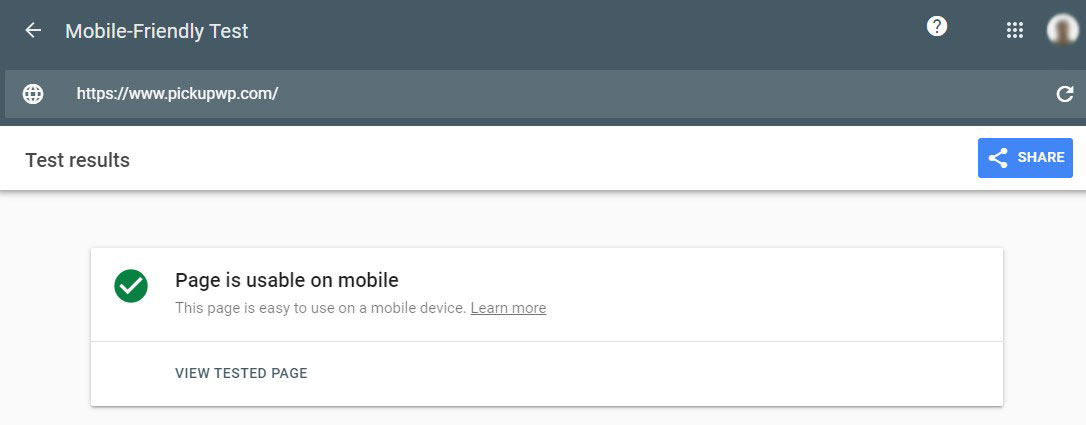 Résultats des tests Google Mobile Friendly pour Pickup WP