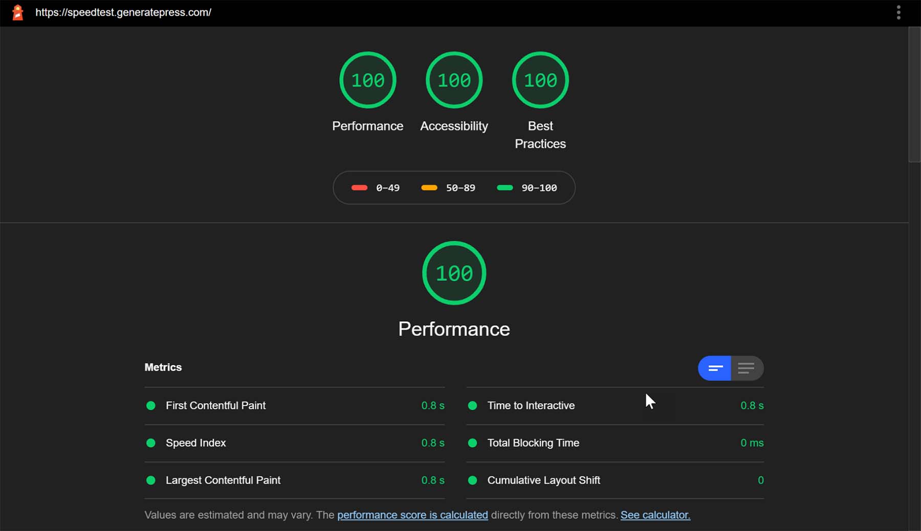 GeneratePress 速度测试结果