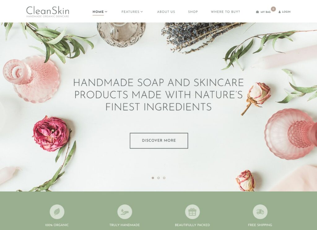 Pelle pulita | Negozio di sapone biologico fatto a mano e cosmetici naturali Tema WordPress + Elementor