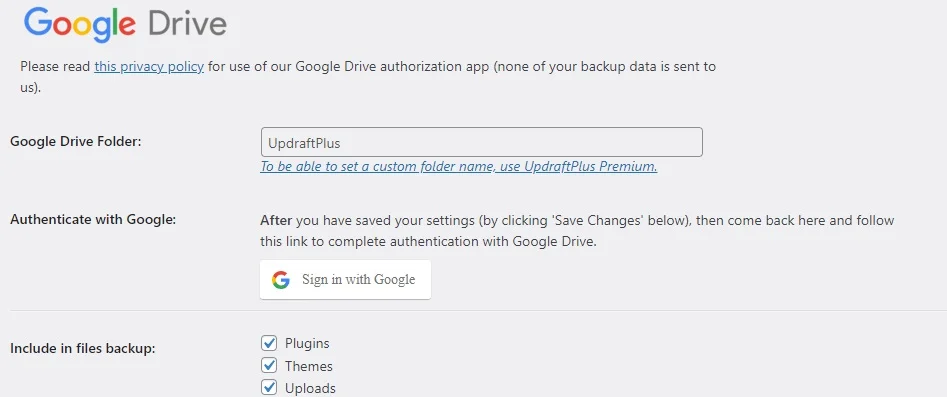 opções de armazenamento remoto wordpress backup no google drive