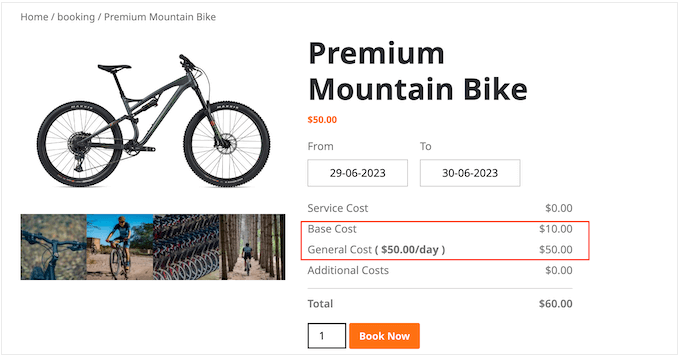 An example of a cost breakdown on rentable equipment