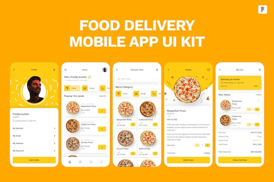 Modello Figma dell'app mobile per la consegna di cibo -