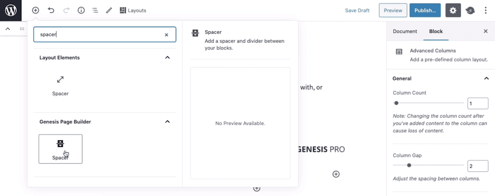 在 WordPress 塊編輯器中使用 Genesis Pro。