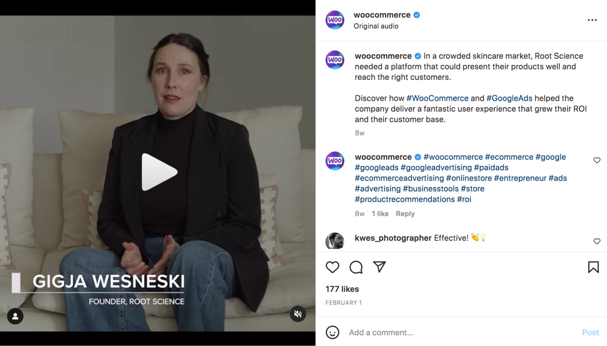 Depoimento em vídeo WooCommerce postado no Instagram