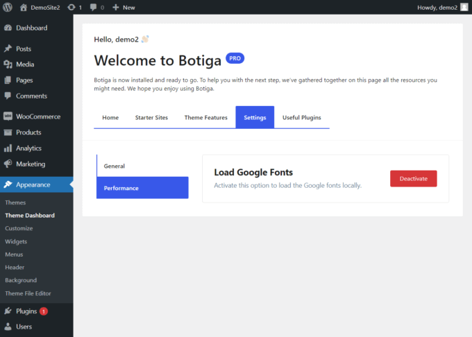 Scheda Prestazioni sulla dashboard del tema di Botiga