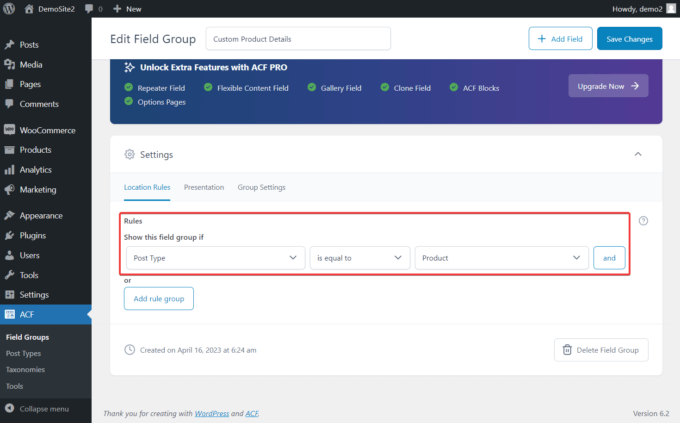 Advanced Custom Fields プラグインの設定ページのフィールド グループ ルール