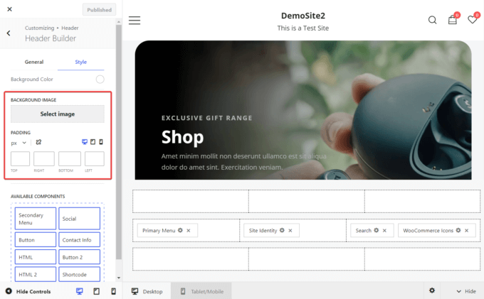 Les constructeurs d'en-tête et de pied de page de Botiga, de nouvelles options de style dans le Customizer