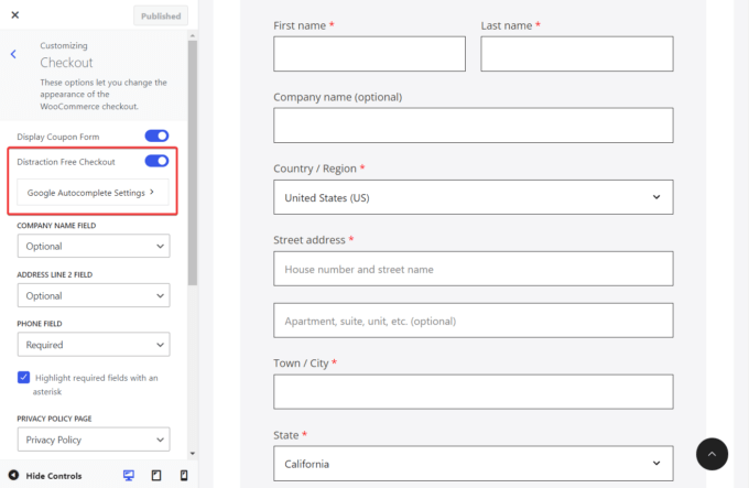 Check-out sem distrações e configurações de preenchimento automático do Google no Botiga Pro