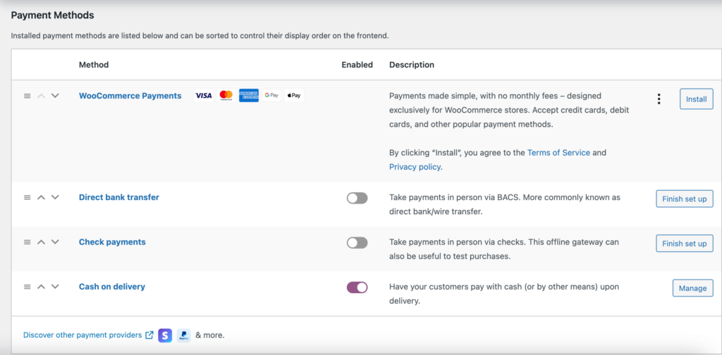 This is a screenshot of all the Payment Methods