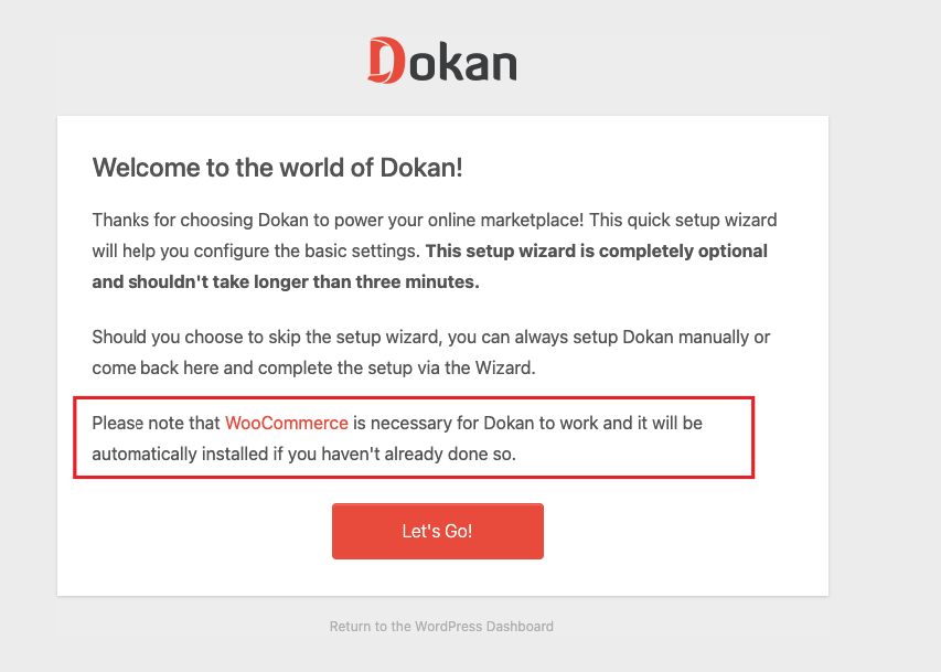 This is a screenshot of Installing WooCommerce with Dokan