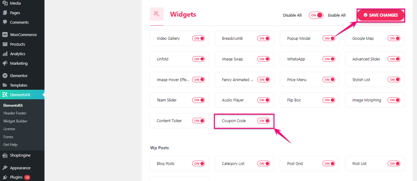 Abilitazione del widget del codice coupon di ElementsKit