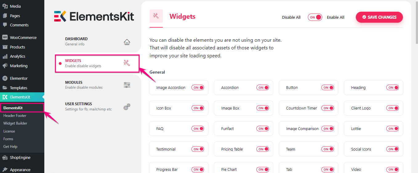 Abilita il widget ElementsKit per aggiungere il codice coupon al tuo sito web