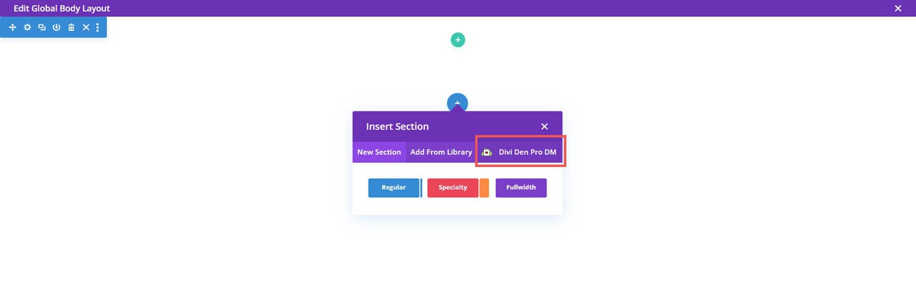 Libreria di layout Divi Den Pro nel generatore di temi Divi