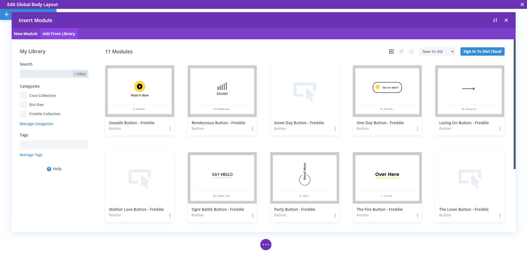 Biblioteca de layouts Divi Den Pro no Divi Theme Builder