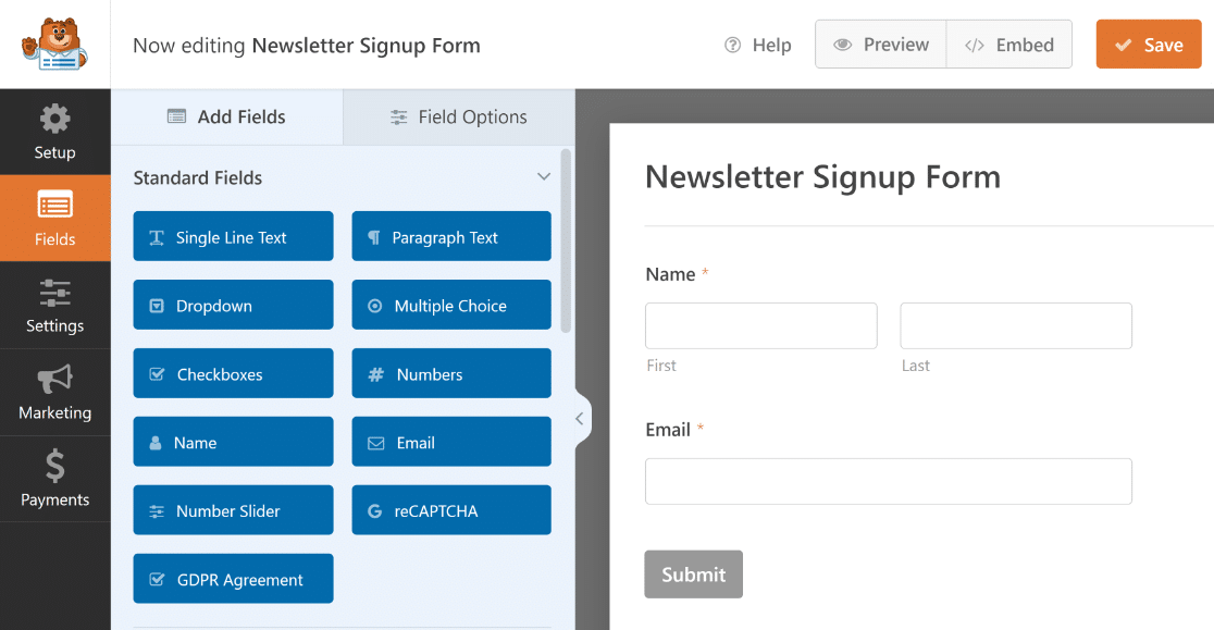 WPForms user inteface