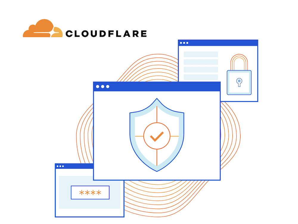 Cloudflare 徽标及其 WAF 的图形表示。