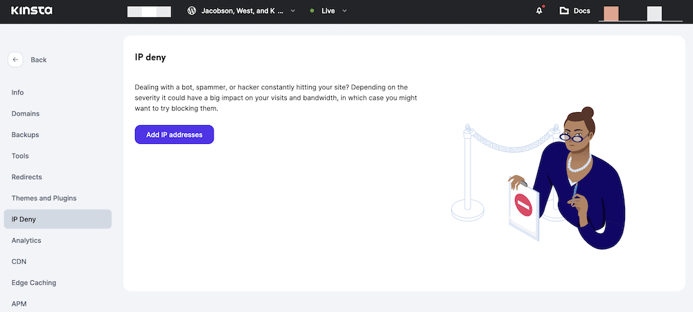 Kinsta 的仪表板提供了启用阻止 IP 地址的选项。