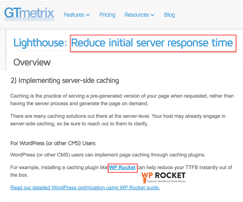 GTmetrix 推荐 WP Rocket 以减少初始服务器响应时间 - 来源：GTmetrix