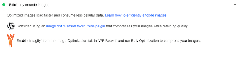 PageSpeed Insights 建议启用 Imagify 以批量优化您的图像 - 来源：PSI