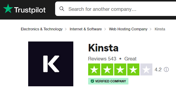 Kinsta Trustpilot 评级