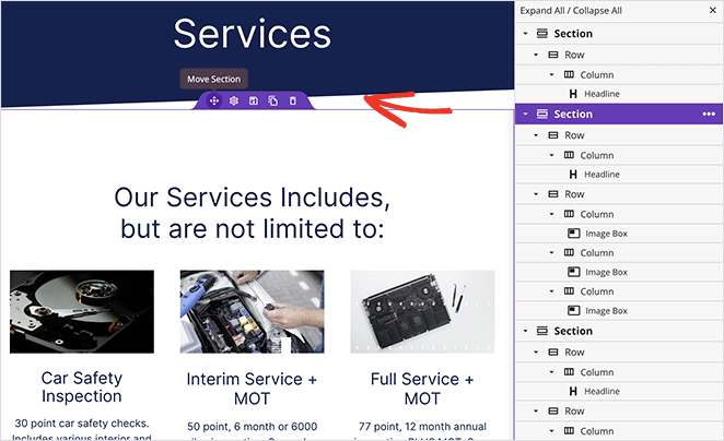 Move service section position