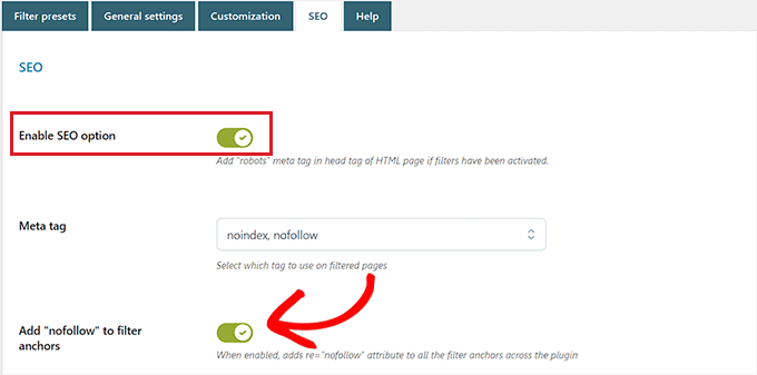 Configure the SEO settings for the filter preset