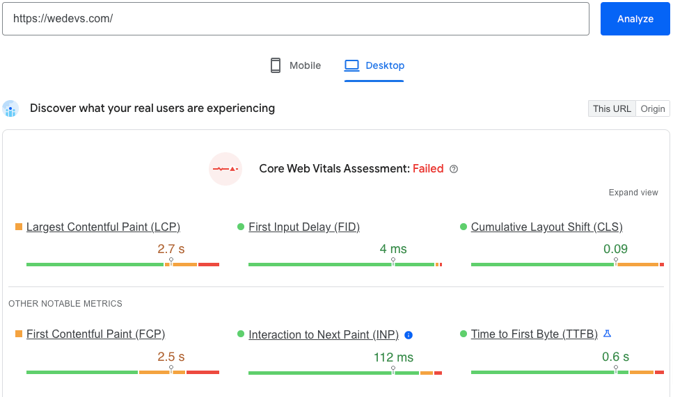 Ceci est une capture d'écran qui montre le résultat de vitesse de page du site weDevs.