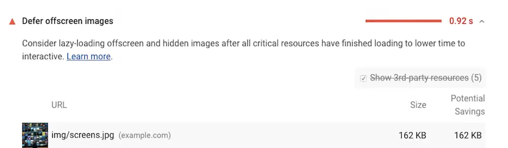 Google Lighthouse que muestra la métrica de imágenes diferidas fuera de pantalla, junto con el tiempo que se tarda en cargar esas imágenes.