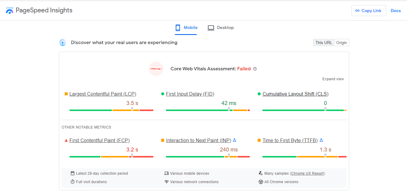 Évaluation Core Web Vitals sur PageSpeed ​​Insights.