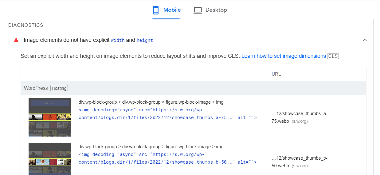 Un rapport CLS plus détaillé sur PageSpeed ​​Insights.