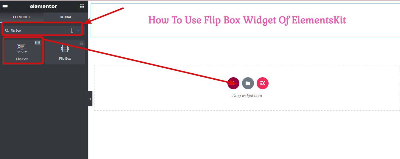 trascina e rilascia il widget flip box di elementskit- Come creare sovrapposizioni Flipbox e al passaggio del mouse in WordPress