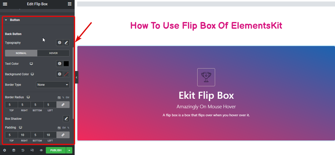 Impostazioni flip box in stile pulsante: come creare sovrapposizioni e al passaggio del mouse su Flipbox in WordPress