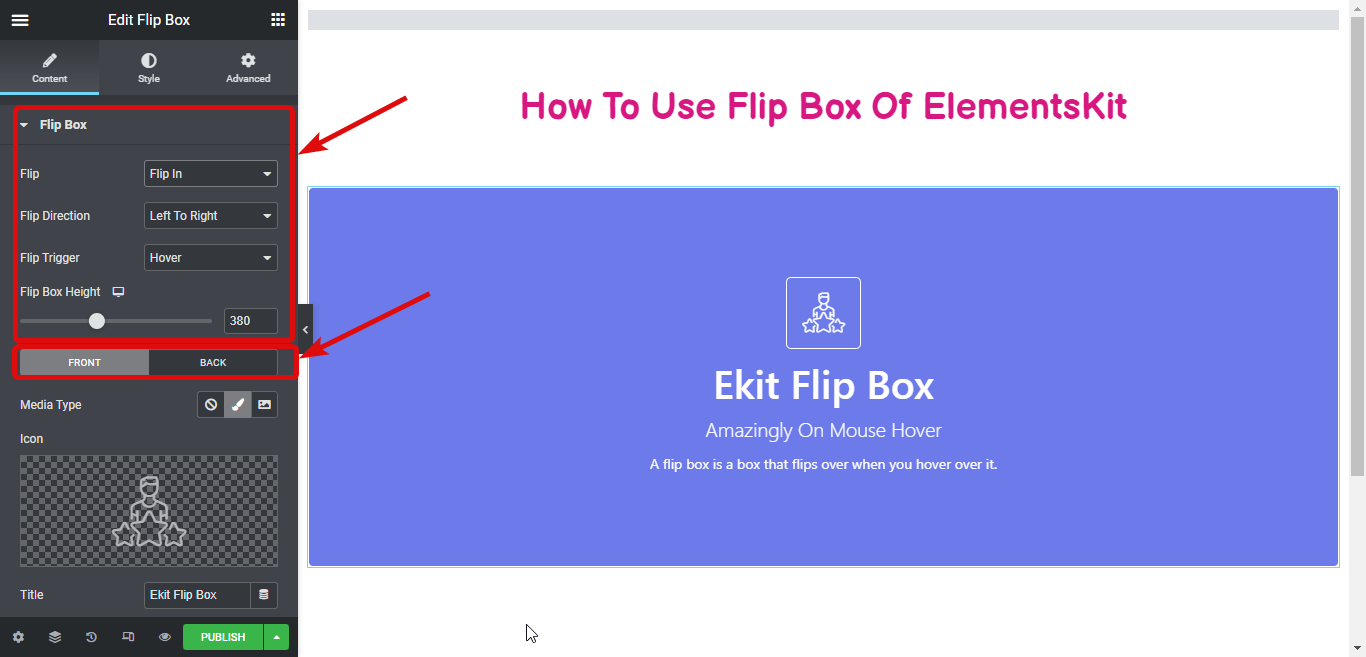 flip box settings elementskit - Come creare sovrapposizioni e al passaggio del mouse su Flipbox in WordPress