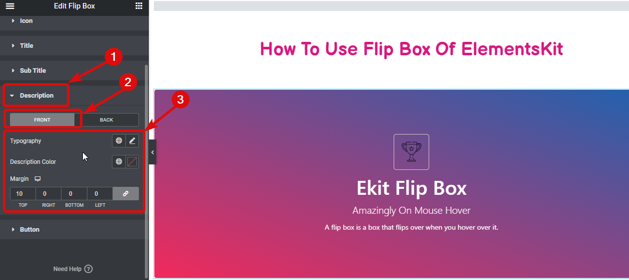 impostazioni flip box in stile descrizione: come creare sovrapposizioni e al passaggio del mouse su Flipbox in WordPress