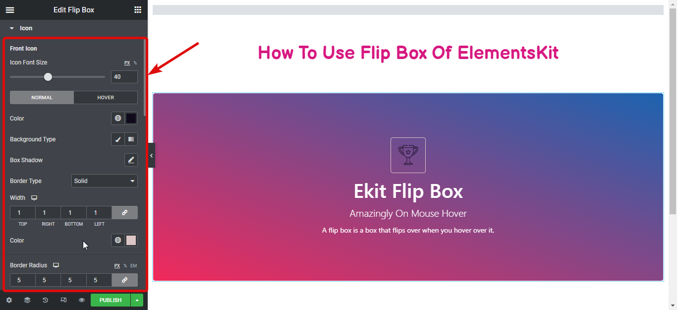 Impostazioni flip box in stile icona: come creare sovrapposizioni e al passaggio del mouse su Flipbox in WordPress